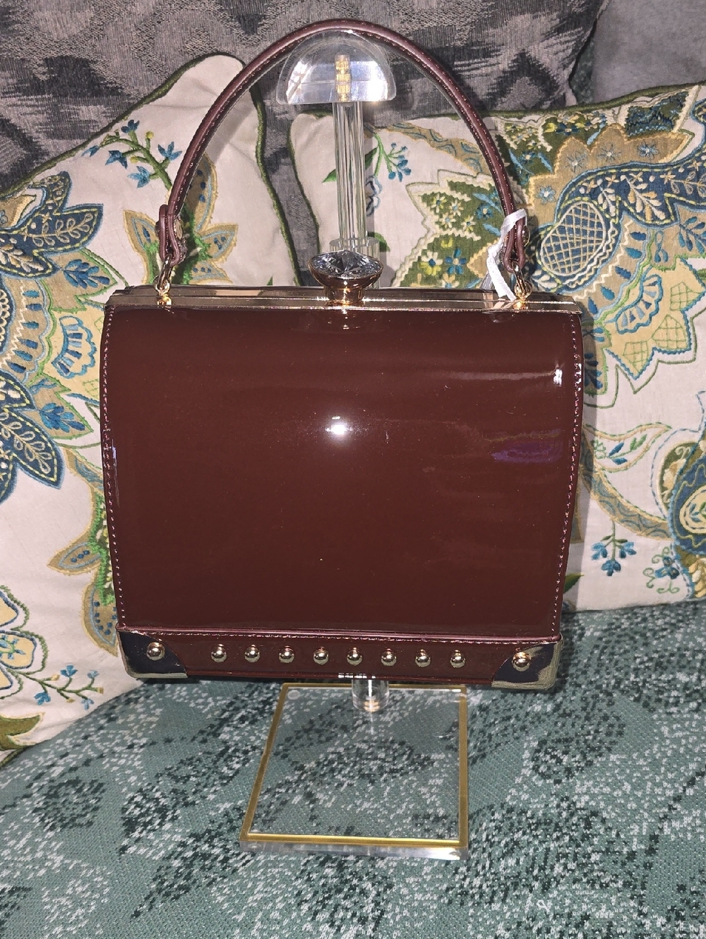 La Terre Jewel-Top Chocolate Brown Patent Chic Top-Handle Satchel
